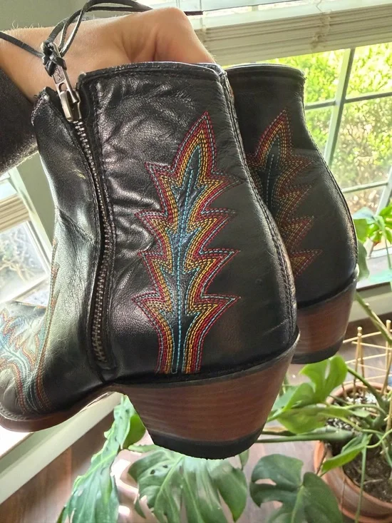 Embroidered Leather Ankle Boots in Black with Multicolor Stitching - Picture 6 of 6